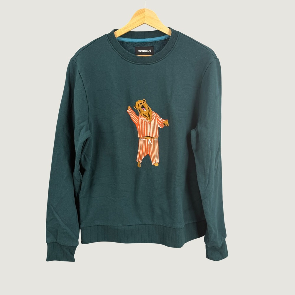 Bonobos Sweatshirt Small‎ Green Bear Pajamas Graphic Embroidered Pullover